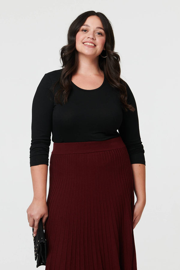 Red | Curve High Waist Pleated Knit Midi Skirt