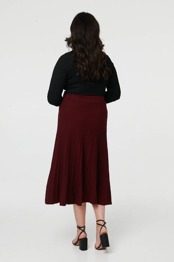 Red | Curve High Waist Pleated Knit Midi Skirt