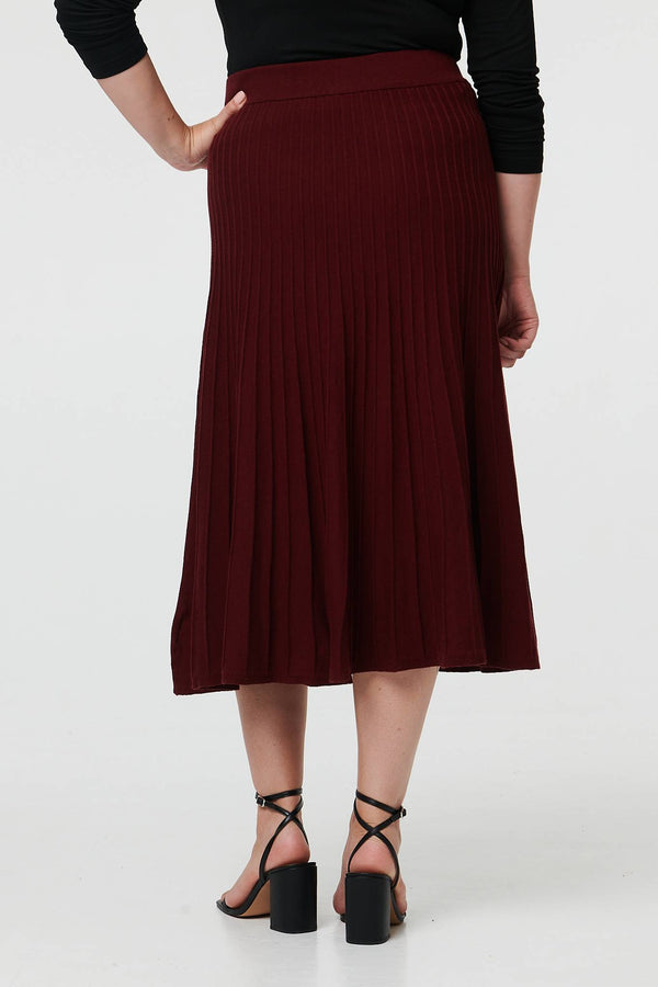 Red | Curve High Waist Pleated Knit Midi Skirt