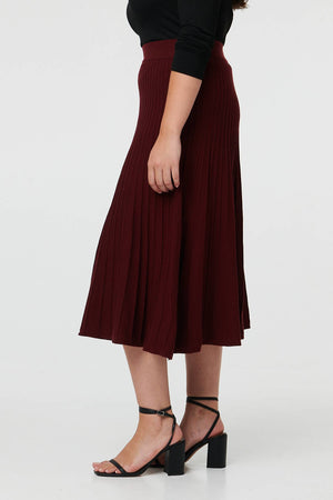 Red | Curve High Waist Pleated Knit Midi Skirt