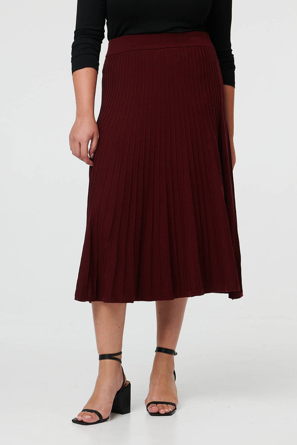 Red | Curve High Waist Pleated Knit Midi Skirt