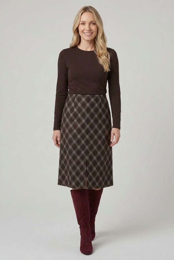 Brown | Checkered Print High Waist Midi Skirt