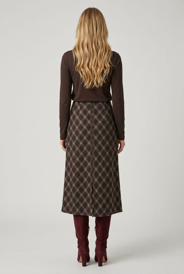 Brown | Checkered Print High Waist Midi Skirt