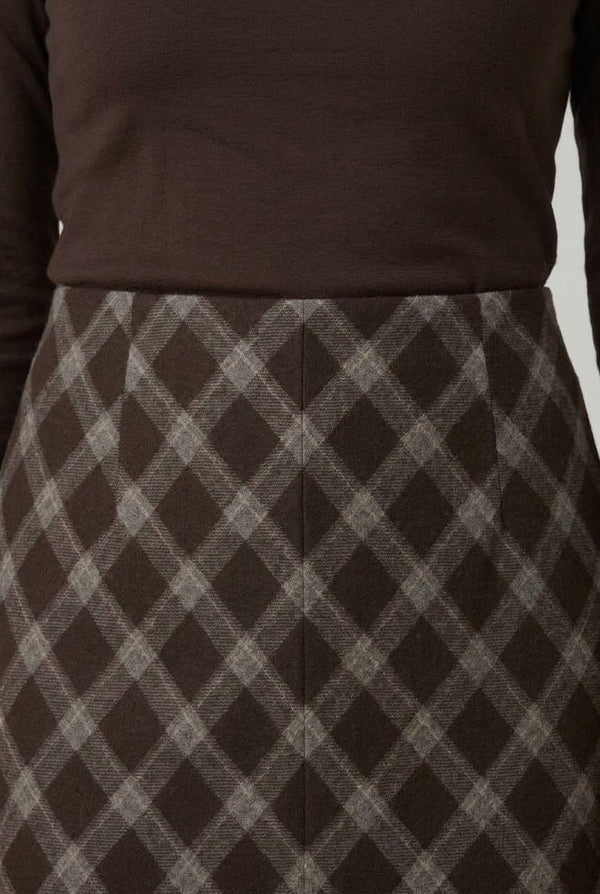 Brown | Checkered Print High Waist Midi Skirt
