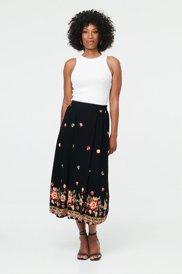 Black | Floral High Waist A-Line Midi Skirt