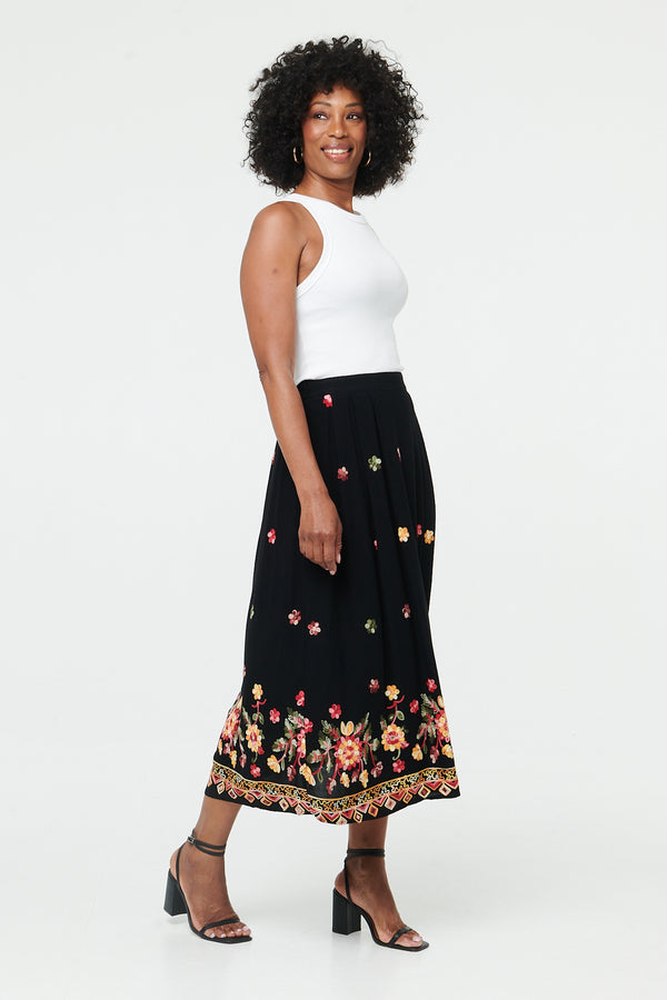 Black | Floral High Waist A-Line Midi Skirt
