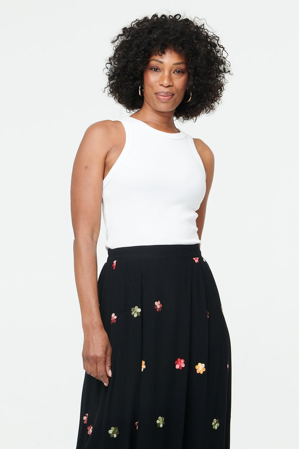 Black | Floral High Waist A-Line Midi Skirt