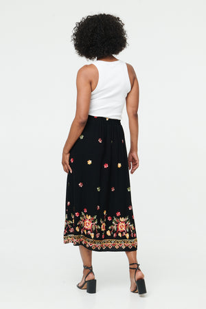 Black | Floral High Waist A-Line Midi Skirt