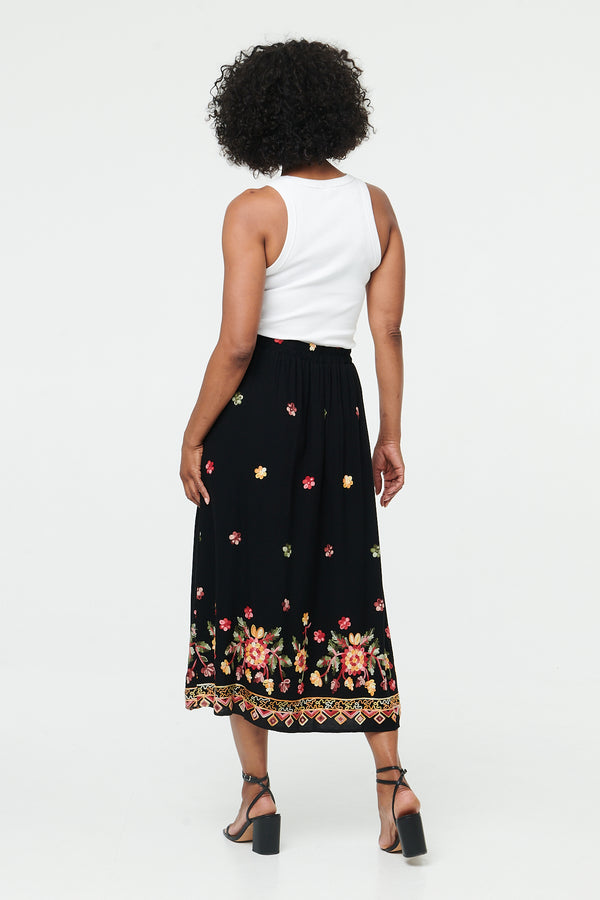 Black | Floral High Waist A-Line Midi Skirt