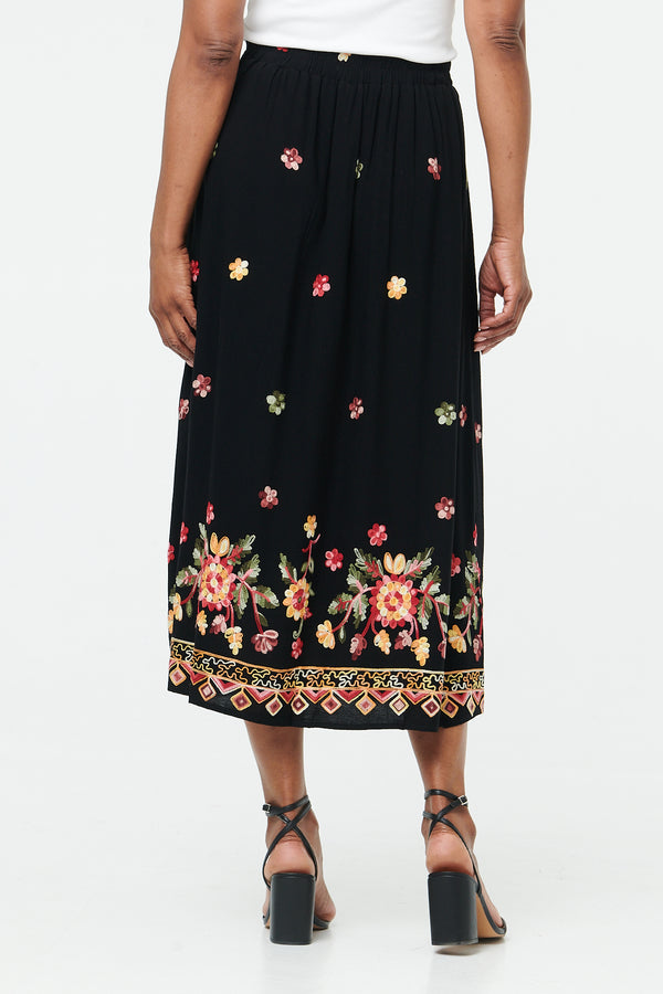Black | Floral High Waist A-Line Midi Skirt