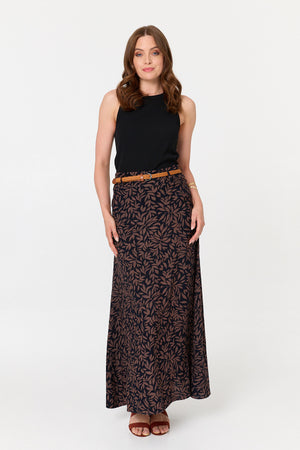 Navy | Leaf Print Belt High Waist Maxi Skirt
