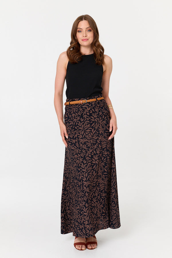Navy | Leaf Print Belt High Waist Maxi Skirt
