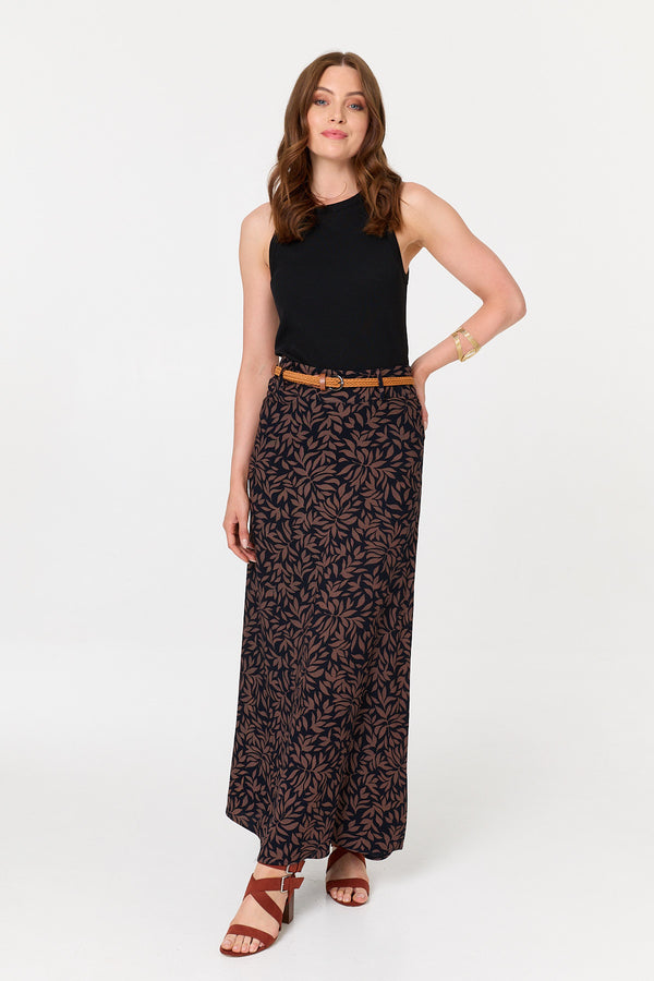 Navy | Leaf Print Belt High Waist Maxi Skirt
