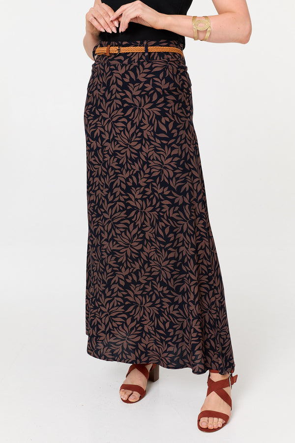 Navy | Leaf Print Belt High Waist Maxi Skirt
