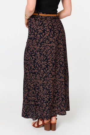 Navy | Leaf Print Belt High Waist Maxi Skirt
