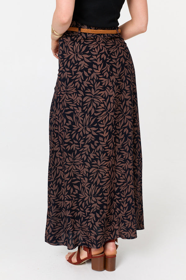 Navy | Leaf Print Belt High Waist Maxi Skirt
