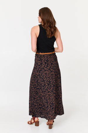 Navy | Leaf Print Belt High Waist Maxi Skirt
