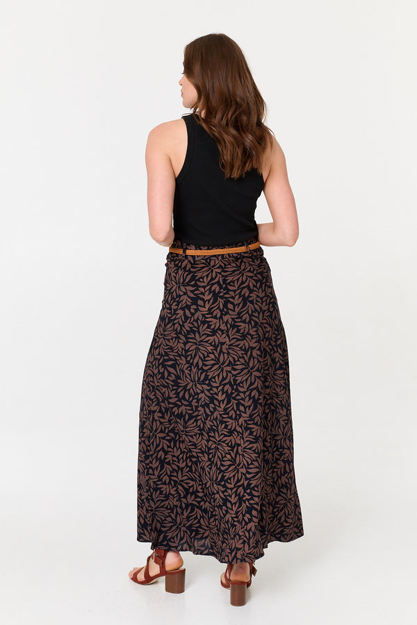 Navy | Leaf Print Belt High Waist Maxi Skirt
