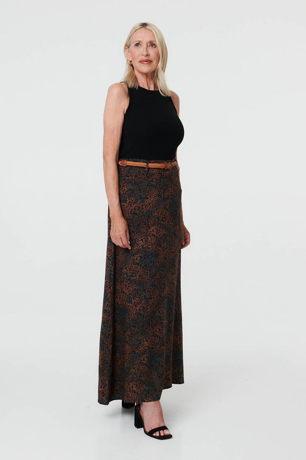 Blue | Printed High Waist Belted Maxi Skirt