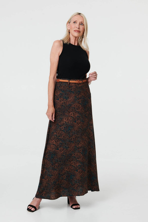 Blue | Printed High Waist Belted Maxi Skirt