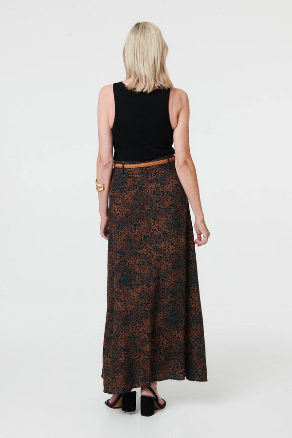 Blue | Printed High Waist Belted Maxi Skirt