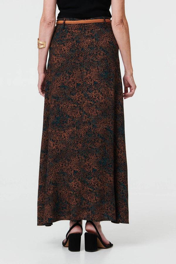 Blue | Printed High Waist Belted Maxi Skirt