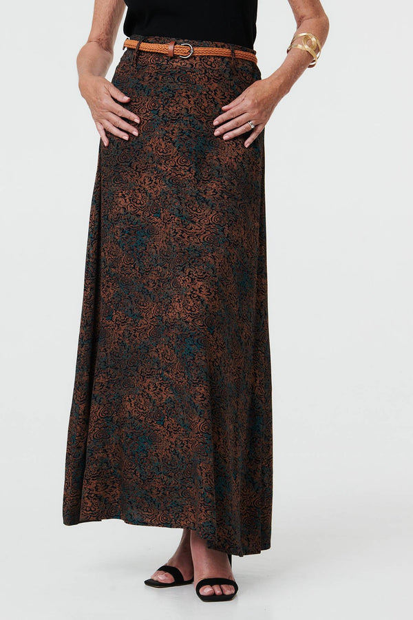 Blue | Printed High Waist Belted Maxi Skirt