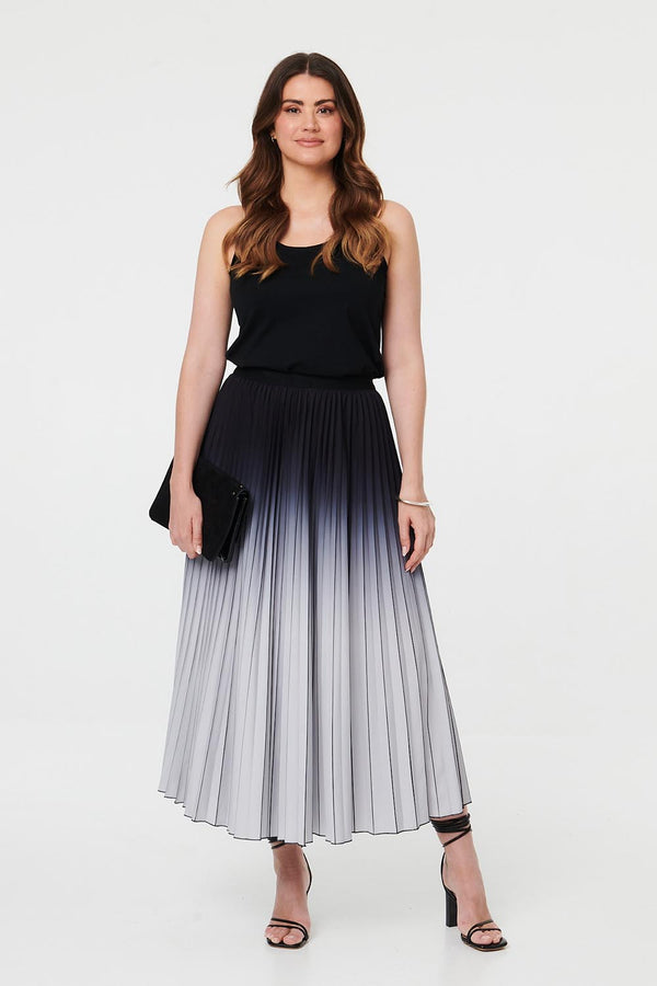 Black | Ombre Pleated High Waist Maxi Skirt