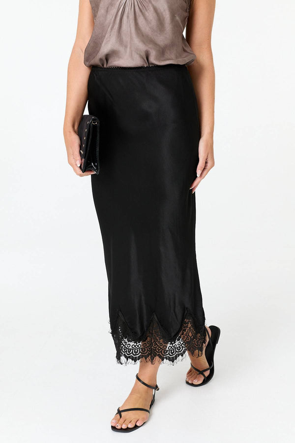 Black | Lace Trim Satin Texture Midi Skirt
