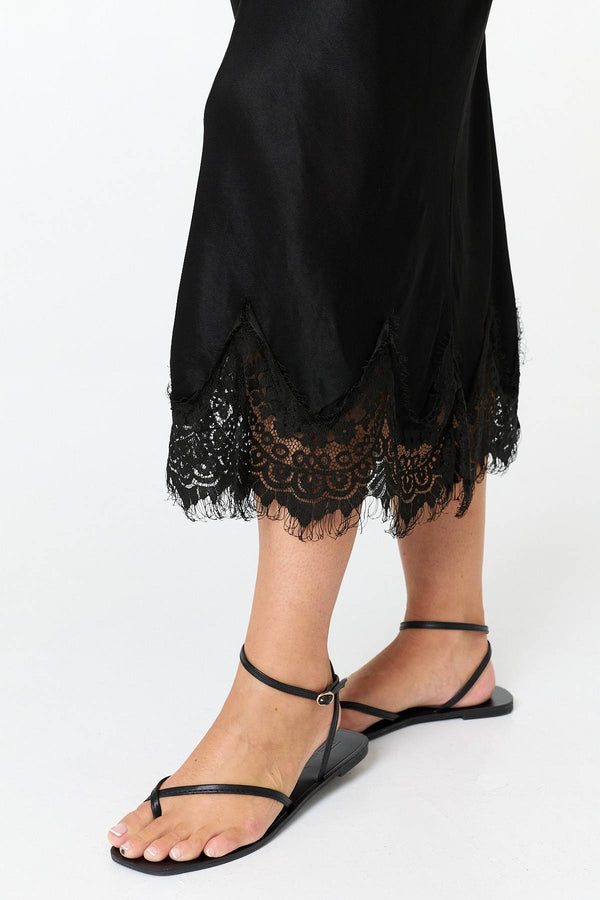 Black | Lace Trim Satin Texture Midi Skirt