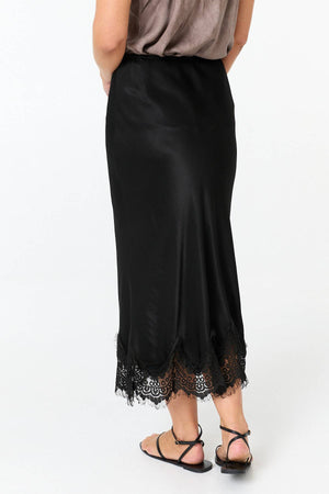Black | Lace Trim Satin Texture Midi Skirt
