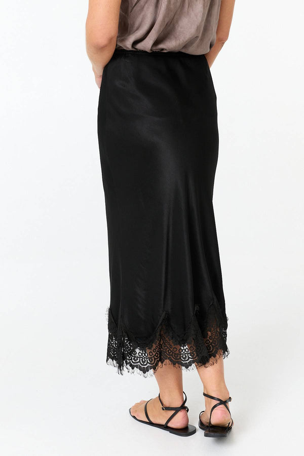 Black | Lace Trim Satin Texture Midi Skirt