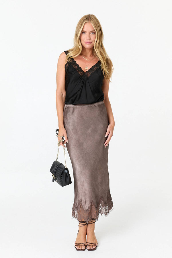 Brown | Lace Trim Satin Texture Midi Skirt