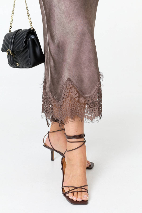 Brown | Lace Trim Satin Texture Midi Skirt
