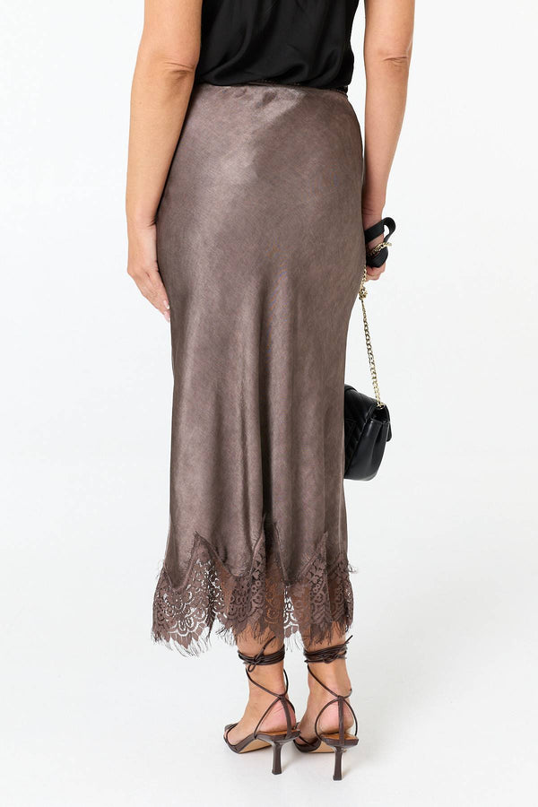 Brown | Lace Trim Satin Texture Midi Skirt