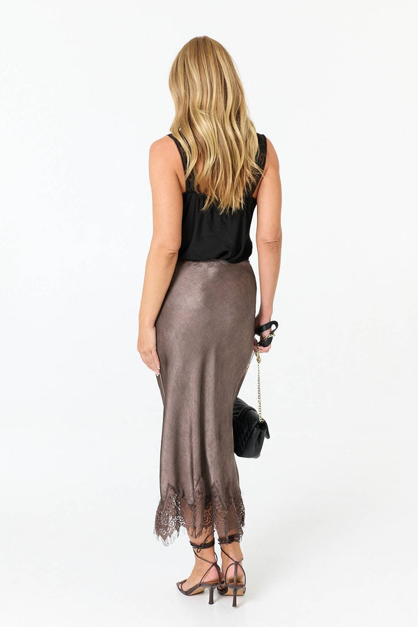 Brown | Lace Trim Satin Texture Midi Skirt