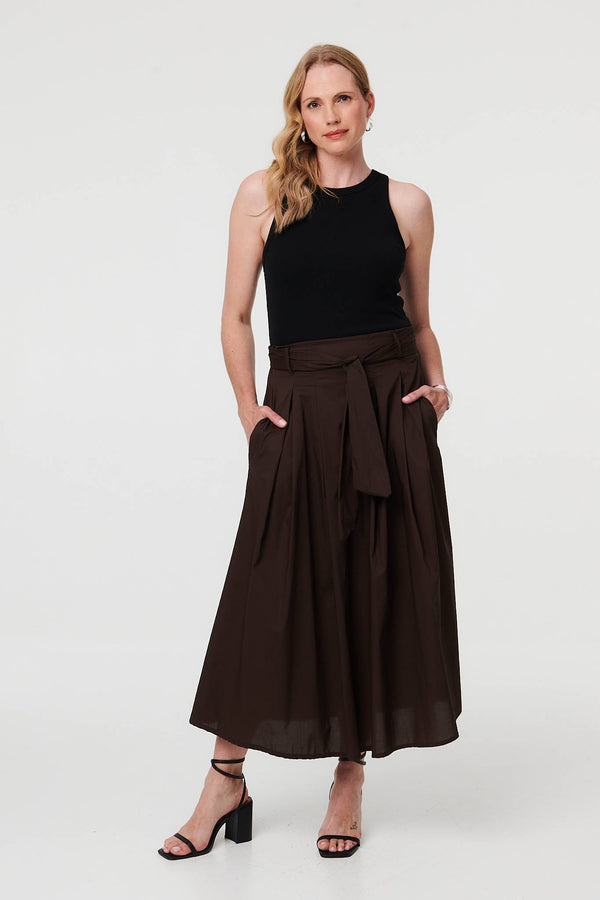 Brown | Tie High Waist Ruched Maxi Skirt