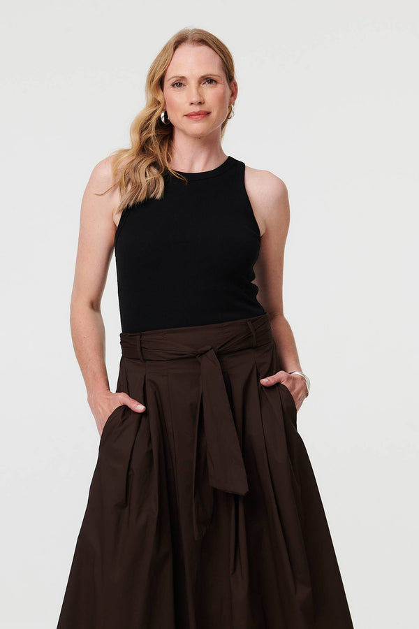 Brown | Tie High Waist Ruched Maxi Skirt