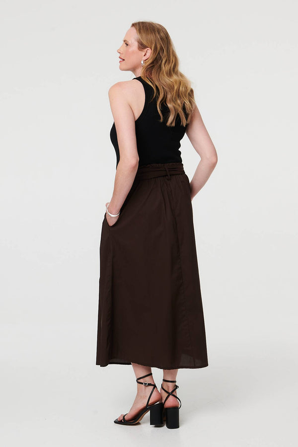 Brown | Tie High Waist Ruched Maxi Skirt