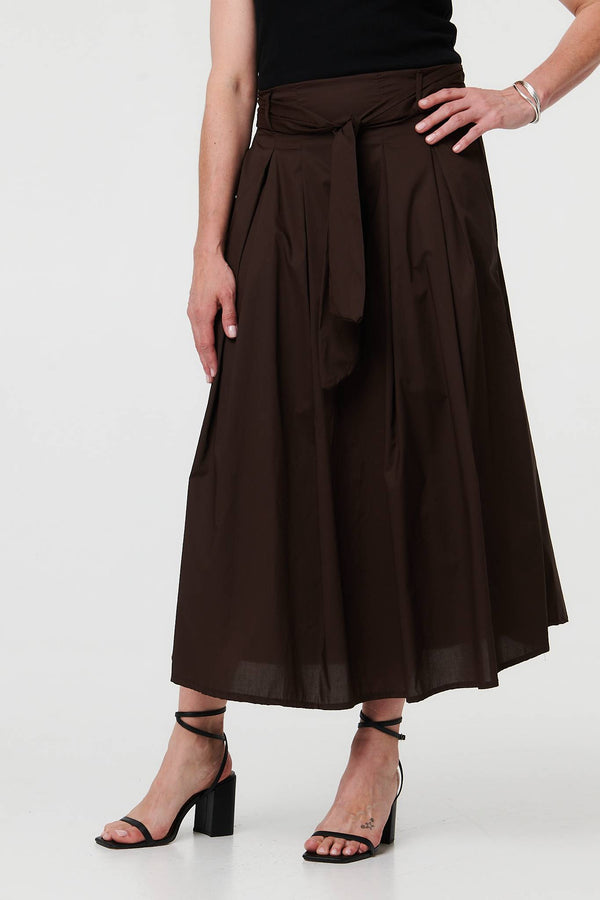 Brown | Tie High Waist Ruched Maxi Skirt