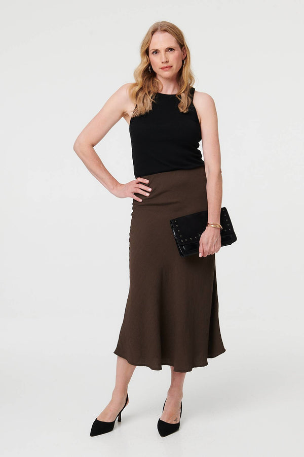 Brown | High Waist Slim A-Line Midi Dress