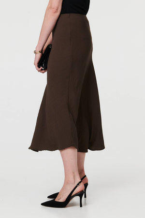 Brown | High Waist Slim A-Line Midi Skirt
