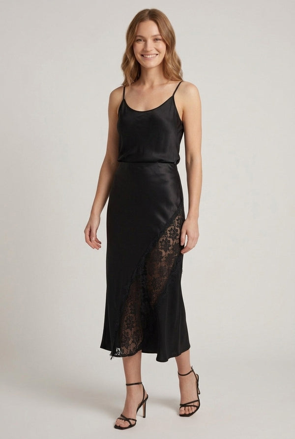 Black | Satin Texture Lace Detail Midi Skirt