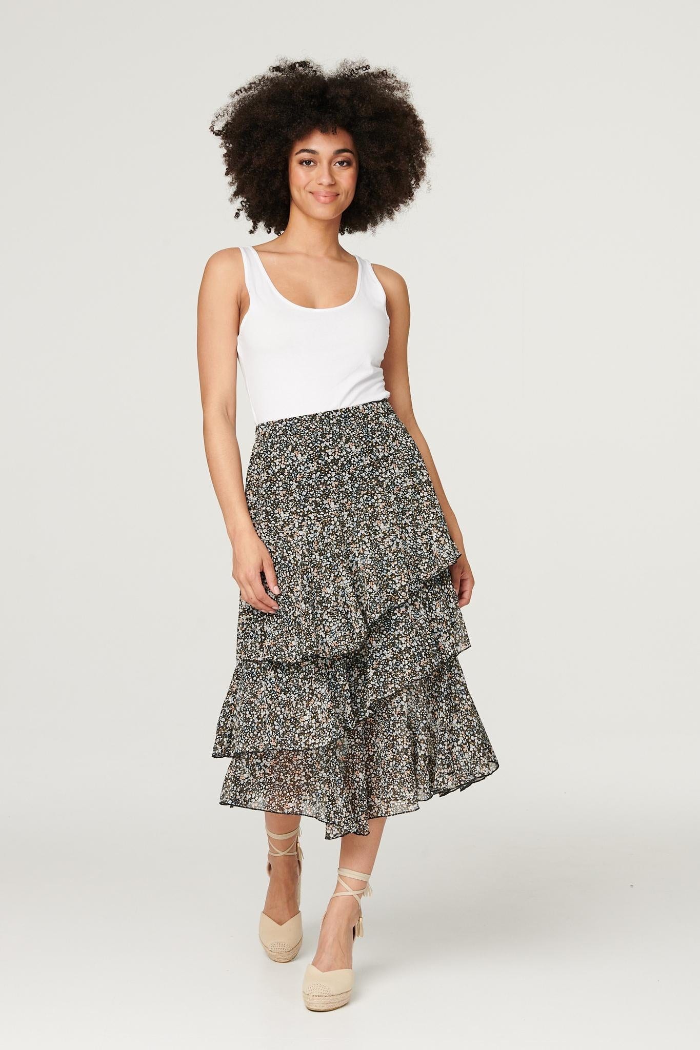 Black | Printed Layered Midi Skirt