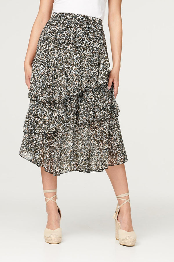 Black | Printed Layered Midi Skirt