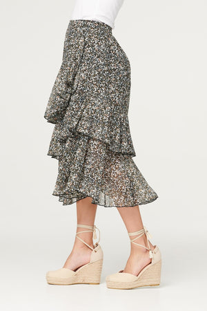 Black | Printed Layered Midi Skirt
