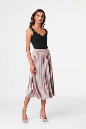 Pink | High Waist Pleated Midi Skirt