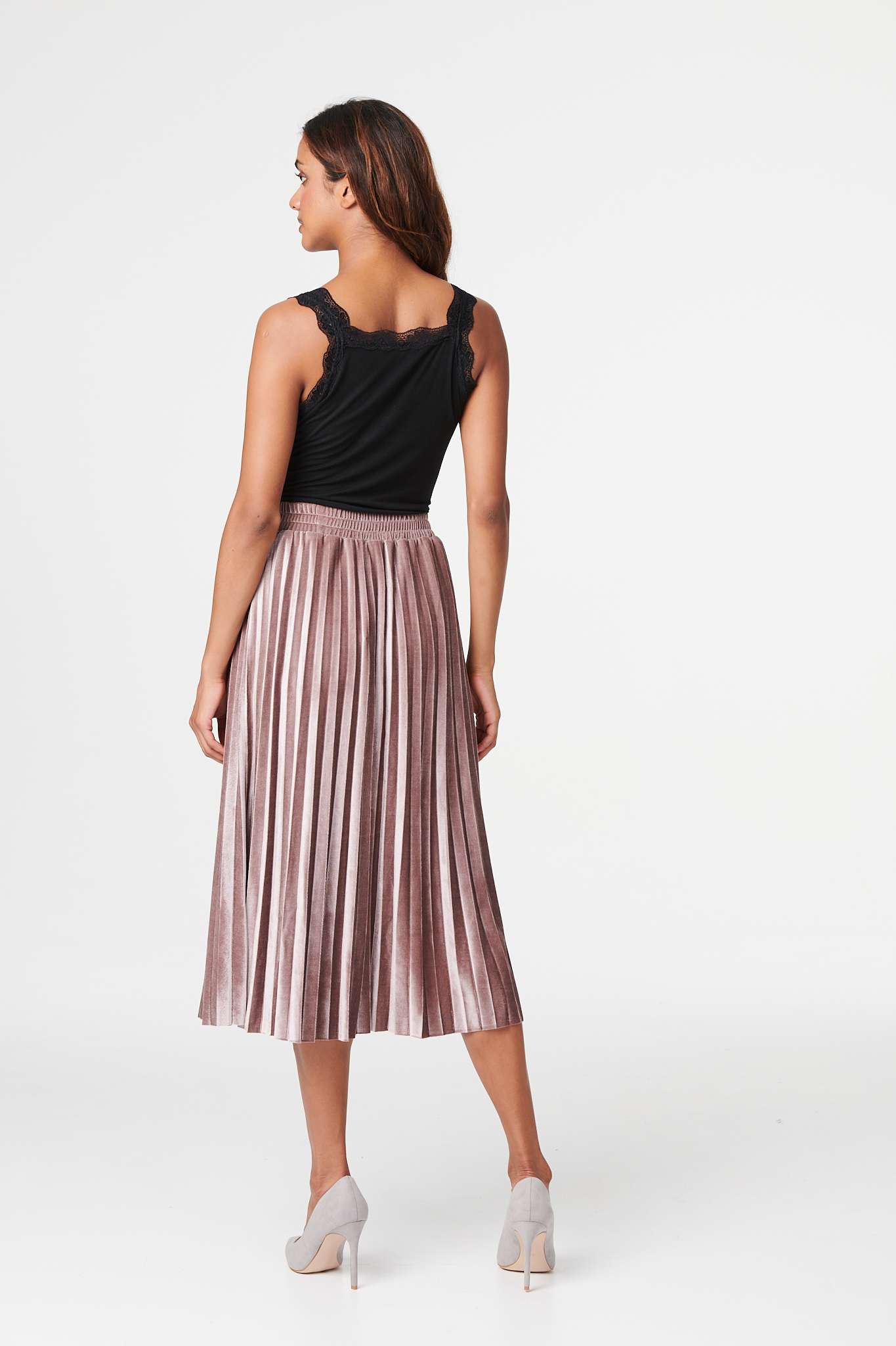 Pink | High Waist Pleated Midi Skirt