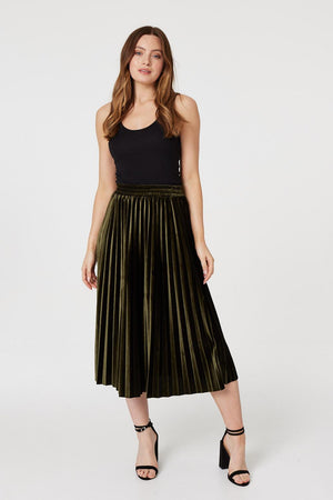 Dark Green | High Waist Pleated Midi Skirt