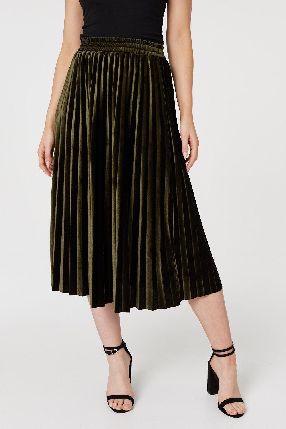 Dark Green | High Waist Pleated Midi Skirt